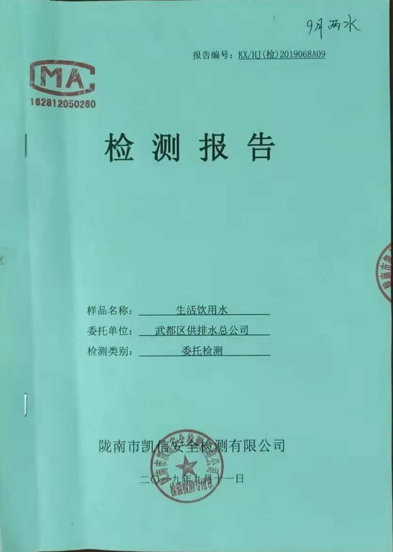 2019年9月11日武都城區(qū)飲用水檢測報告